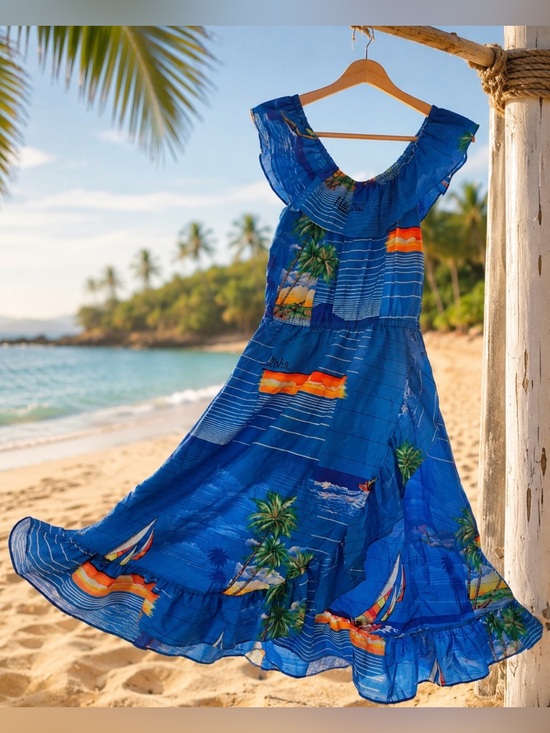 Shoreline Dresses & Skirts - Vintage 70s Shoreline Hawaii Blue Tropical Off Shoulder Ruffle Midi Dress SMALL
